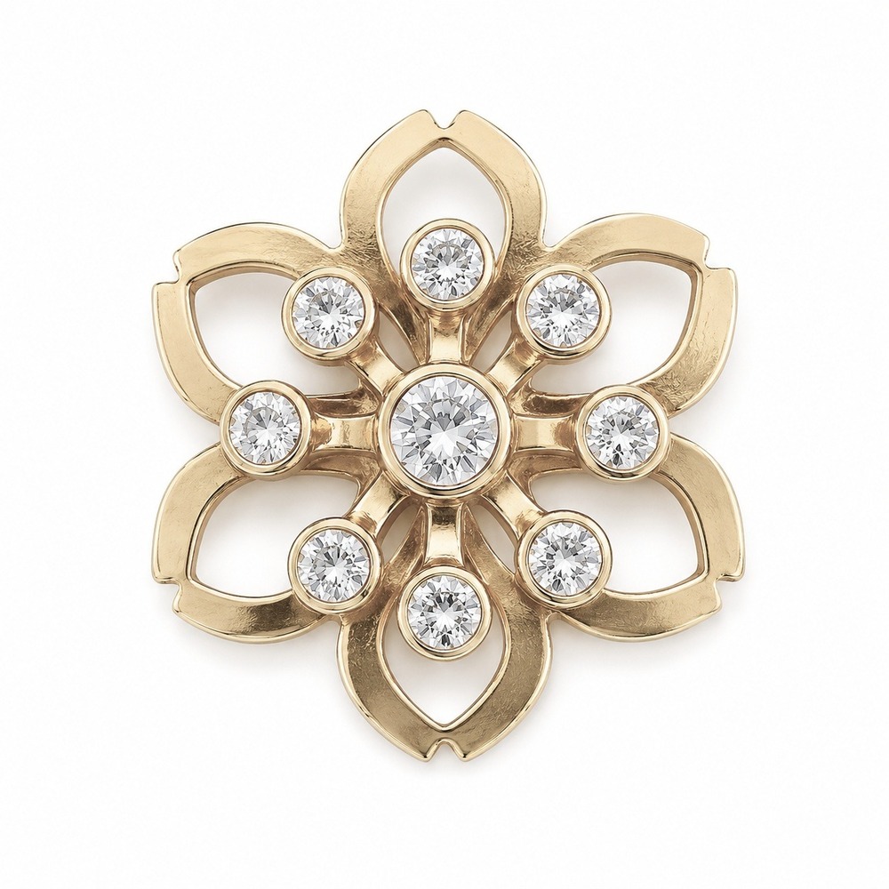Vintage Gold Tone Clear Rhinestone Floral Brooch Pin Openwork Flower Snowflake